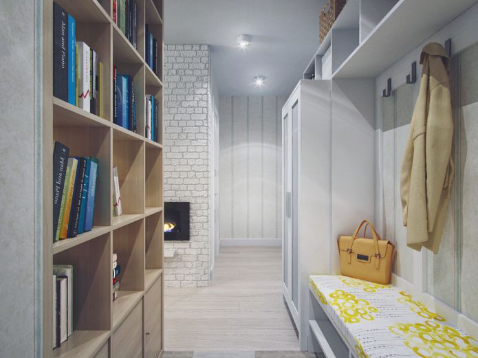 zoning the hallway and living room with a shelving unit