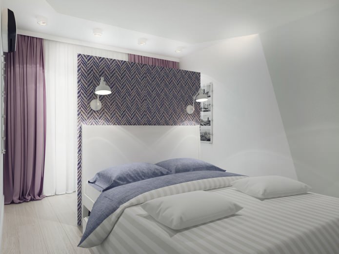 bedroom interior with purple curtains