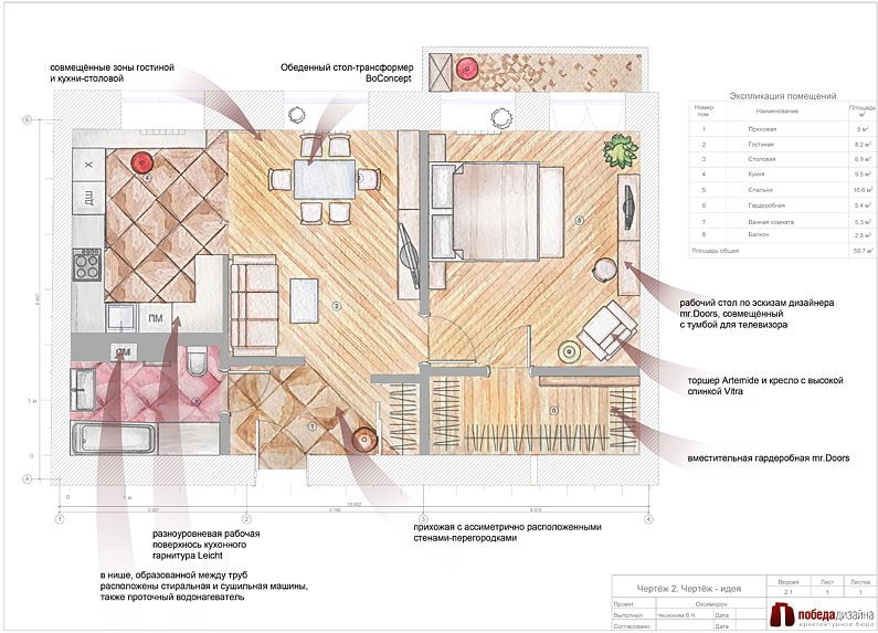 Project of a two-room apartment of 57 sq. m.