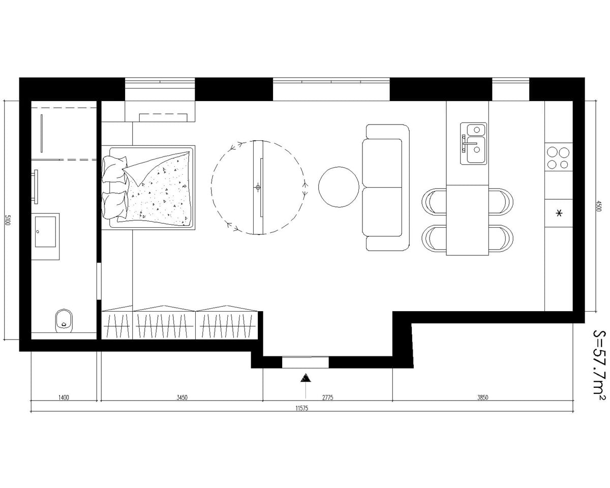 Layout of a 57 sq.m. studio