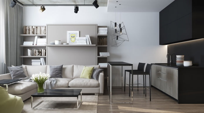 Modern design of a living room combined with a kitchen in a studio apartment