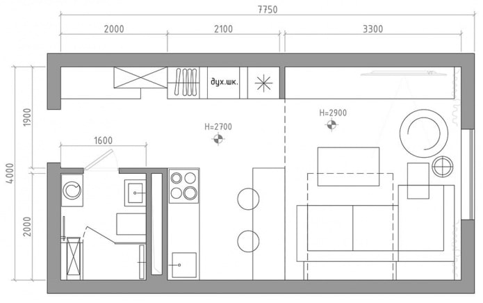 studio layout 29 sq. m.