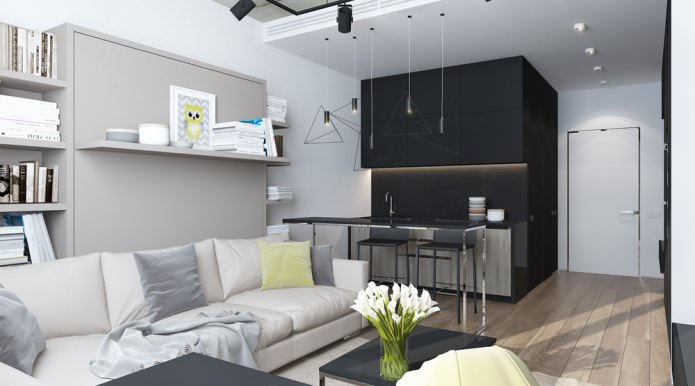 Modern design of a living room combined with a kitchen in a studio apartment