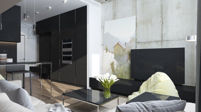 Modern design of a living room combined with a kitchen in a studio apartment