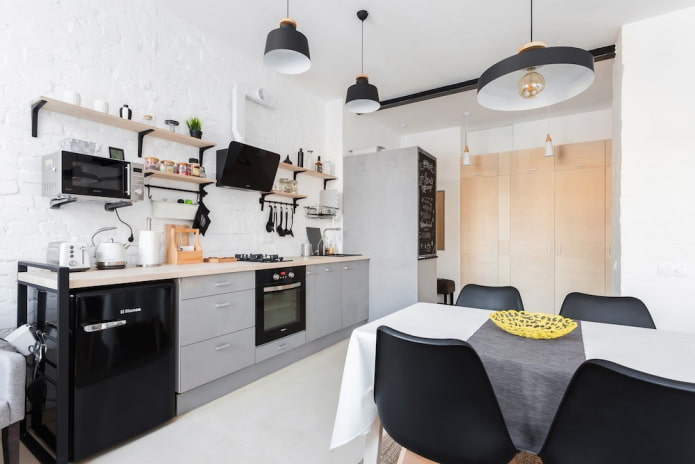 straight kitchen without upper cabinets