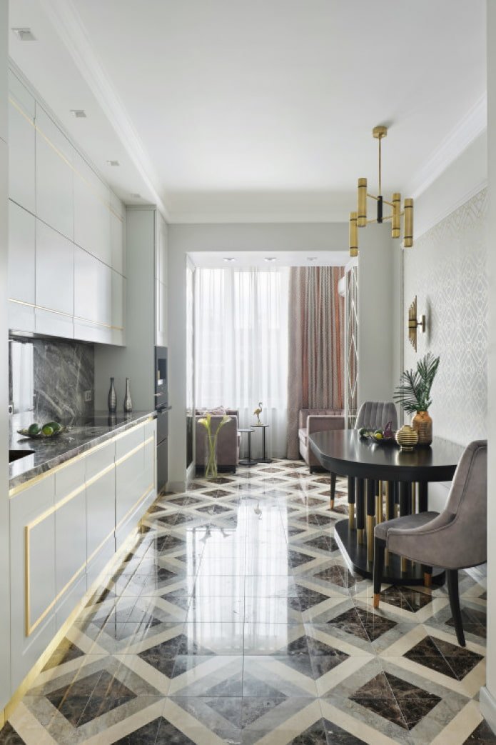 long kitchen with a balcony