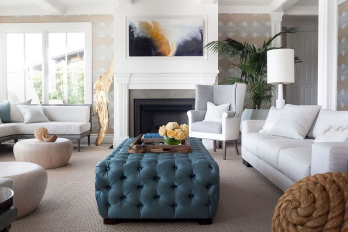 pouf with carriage coupler in the living room interior