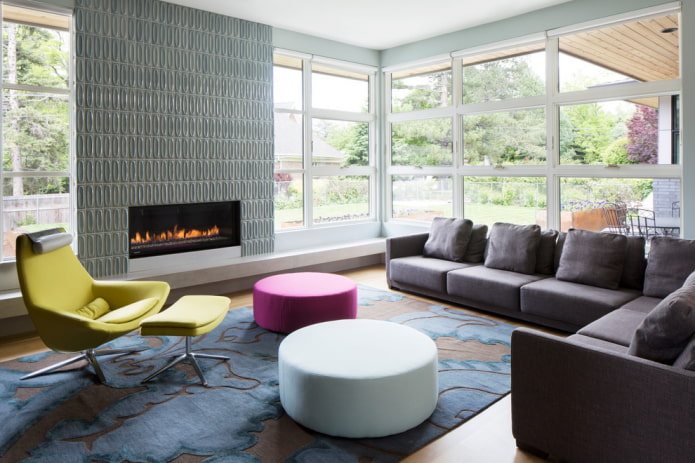 round poufs in the living room interior