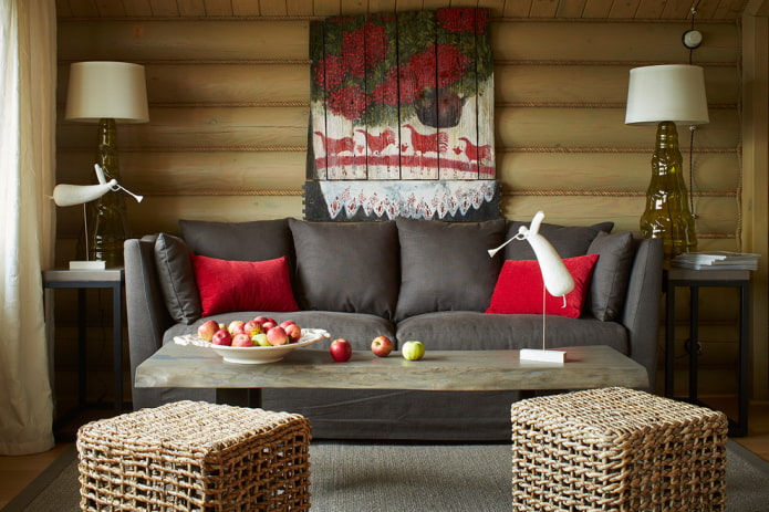 wicker poufs in the living room interior