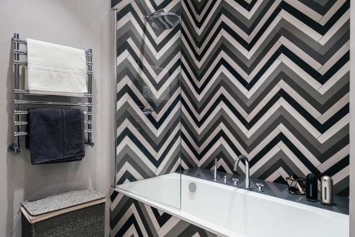 herringbone tile layout in the bathroom