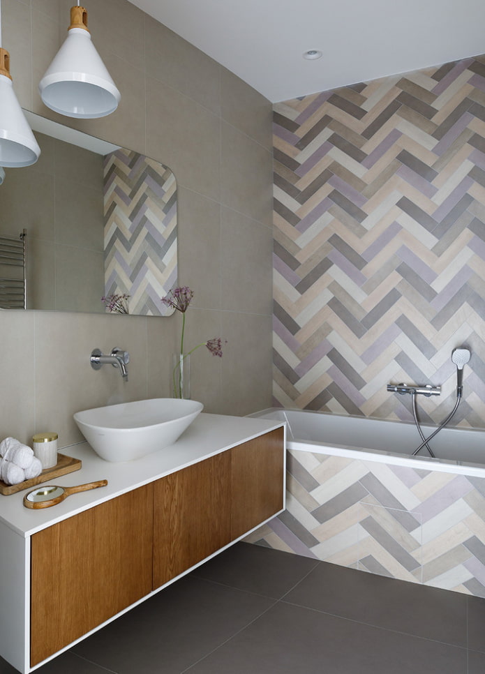 herringbone tile layout in the bathroom