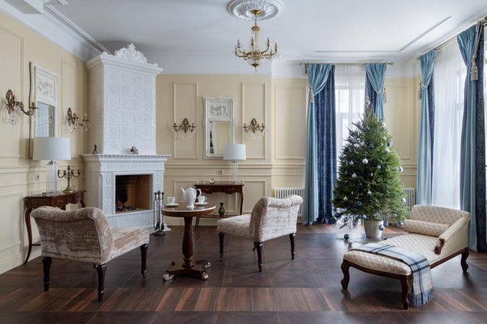 living room with a fireplace in the corner