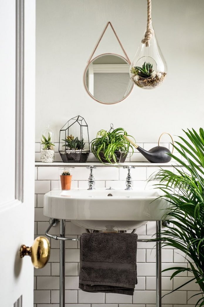 shelf in the bathroom for flowers