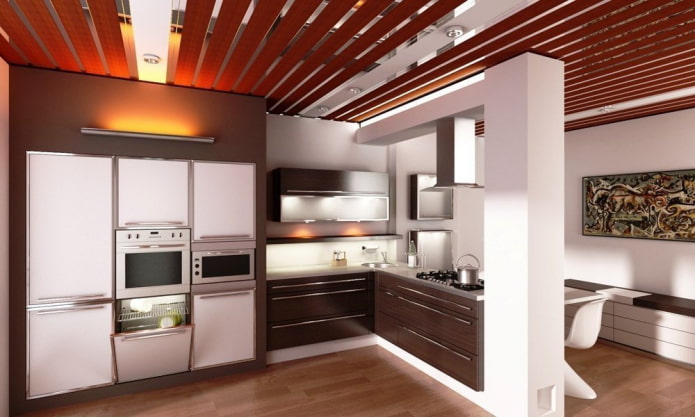 slatted suspended structure in the kitchen