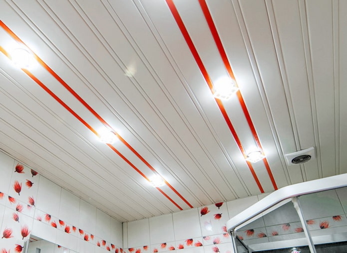 slatted ceiling in the bathroom interior