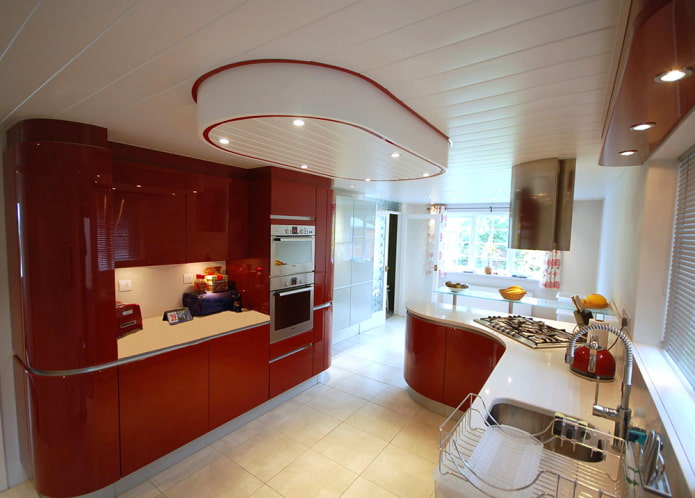 slatted ceiling in the kitchen interior