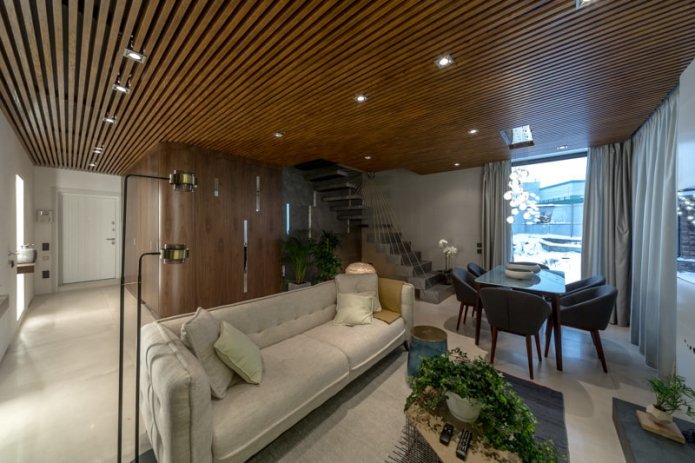slatted suspended structure in the living room