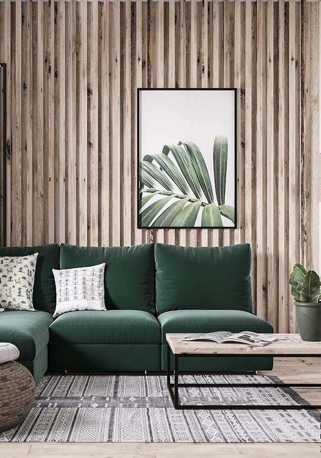 a wall made of slats in a living room