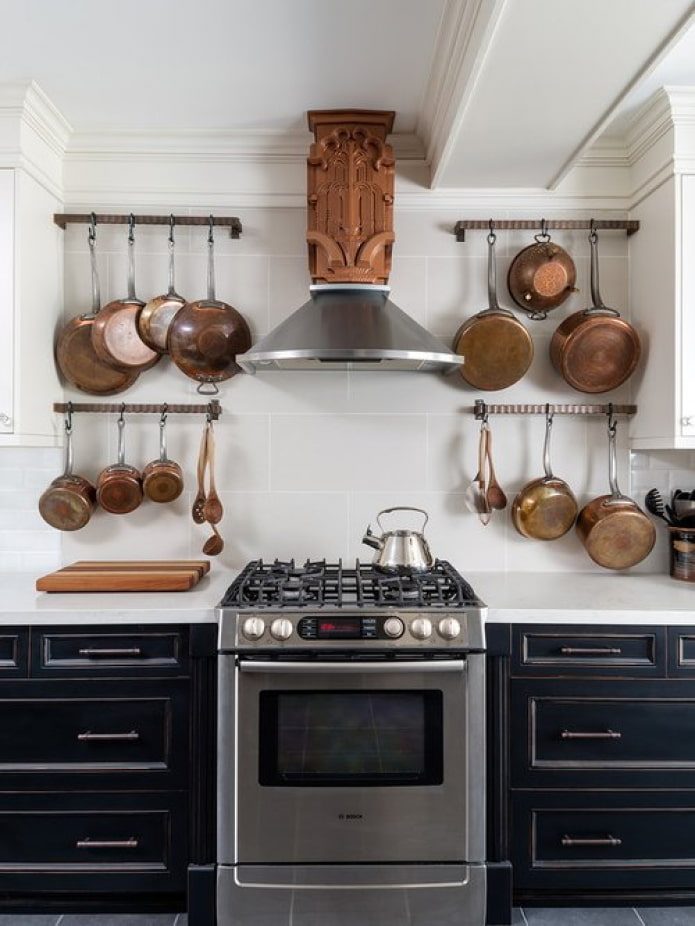 copper pans on the wall