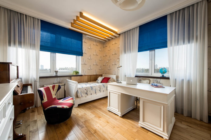 Roman blinds with curtains in the nursery
