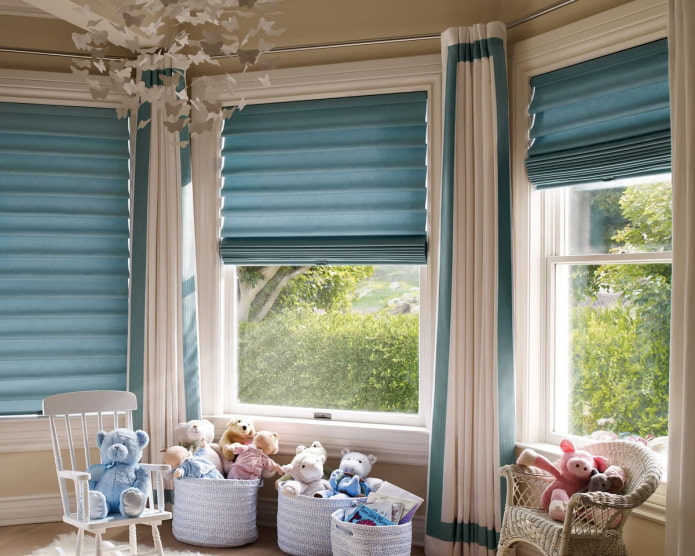 cascading roman curtains in the children's room