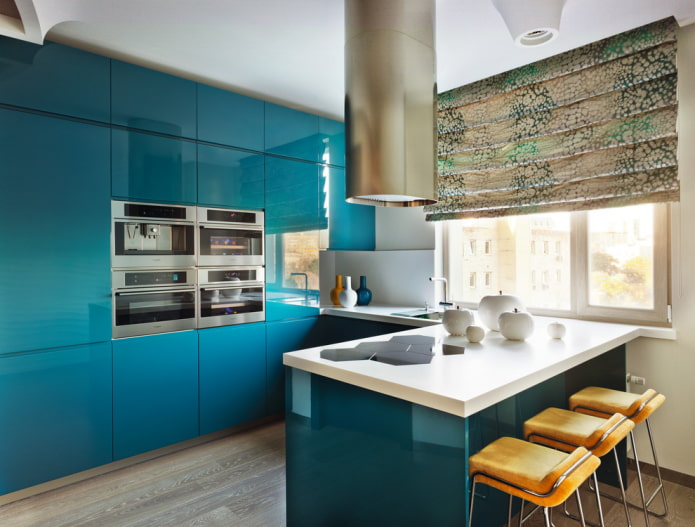 cascading roman curtains in the kitchen