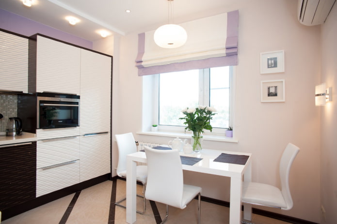 lilac roman curtains in the kitchen