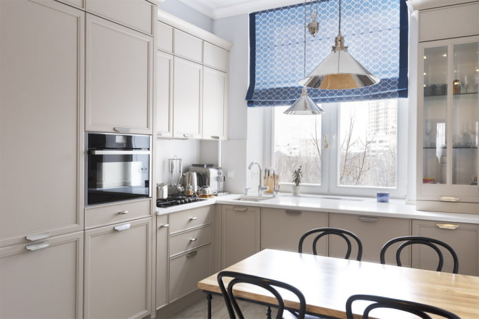 blue roman curtains in the kitchen interior