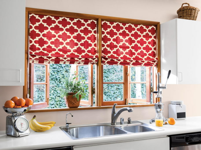 patterned burgundy roman blinds in the kitchen