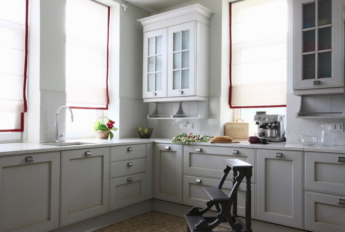 roman curtains with edging in the kitchen