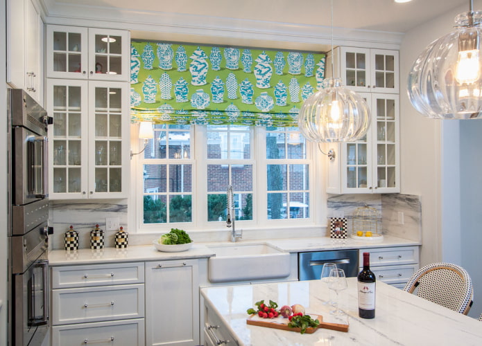 green roman curtains with a pattern in the kitchen
