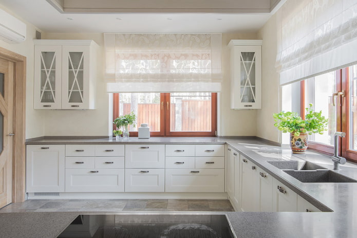 transparent roman blinds in the kitchen interior