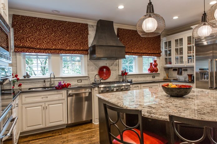 patterned roman blinds in the kitchen interior