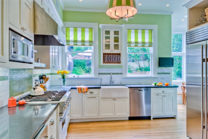 striped roman blinds in the kitchen