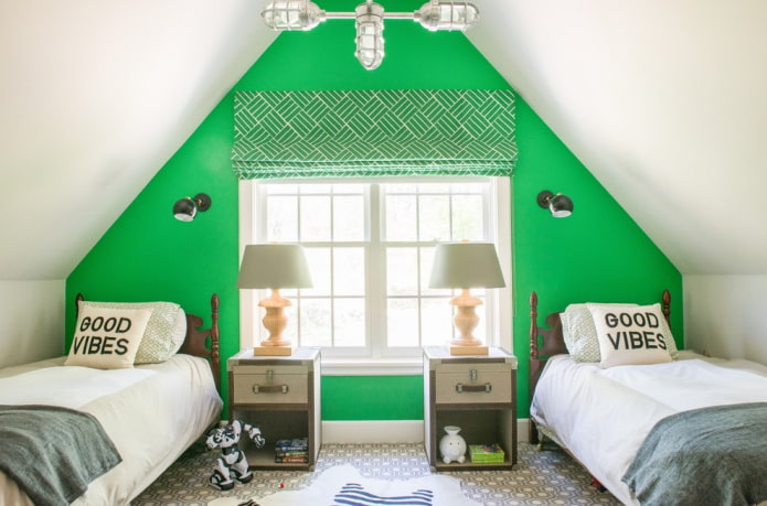 green roman curtains in the nursery