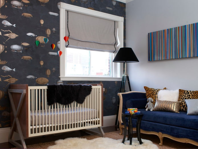 gray roman blinds in the nursery