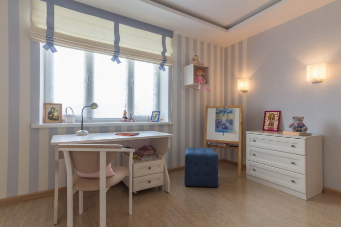 roman blinds with ribbons in the nursery