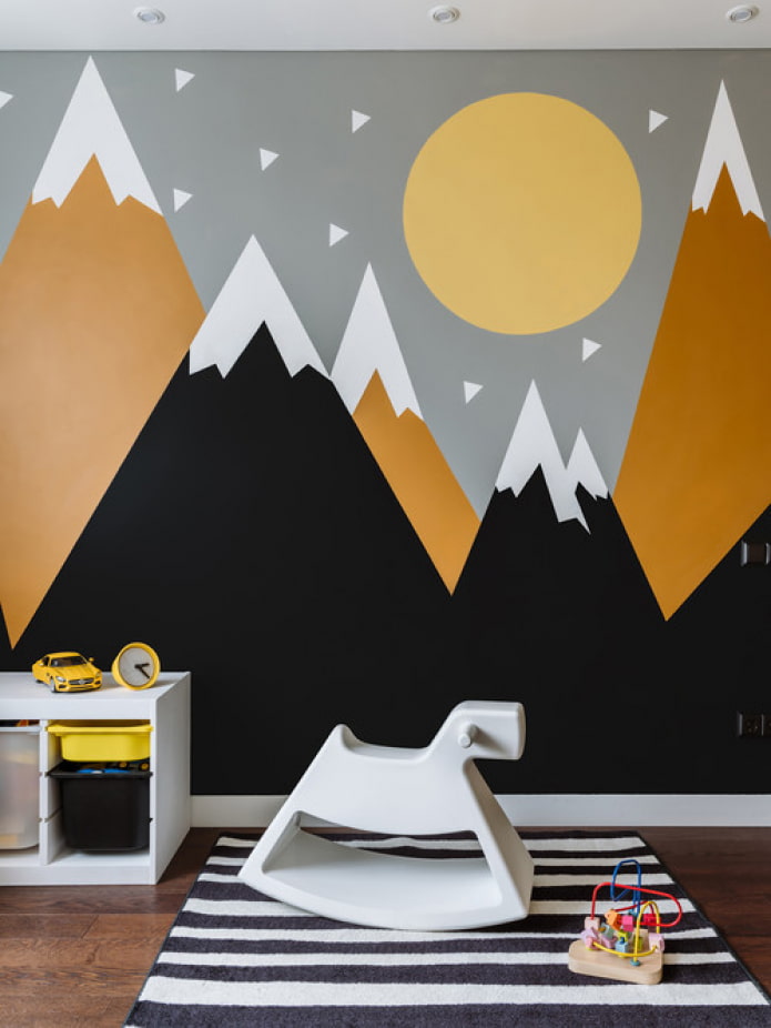 mountains on the wall in the child's room