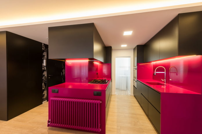 kitchen interior in black and pink tones