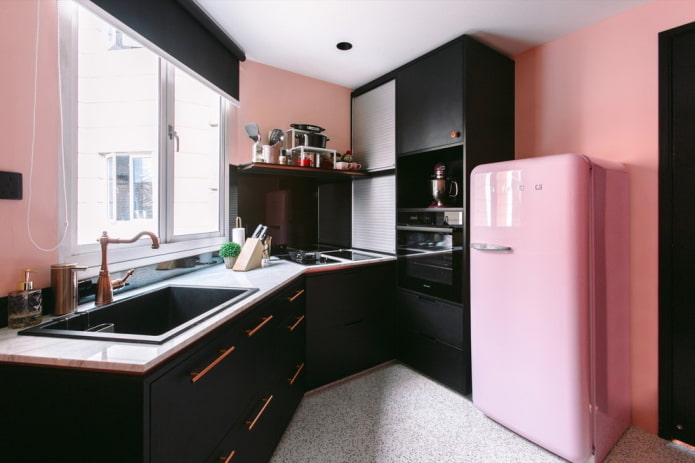 kitchen interior in black and pink tones