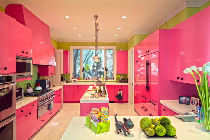 kitchen interior in pink and green tones