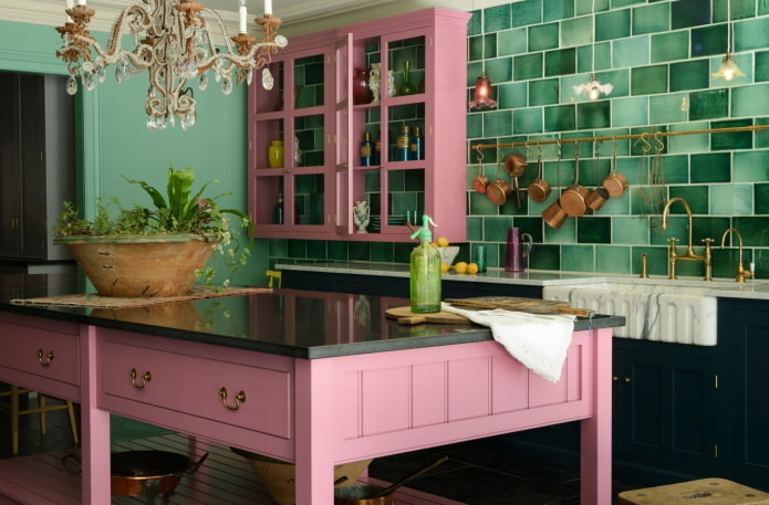 kitchen interior in pink and green tones