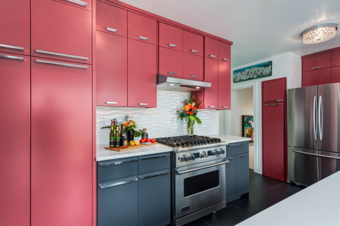 kitchen interior in gray and pink tones