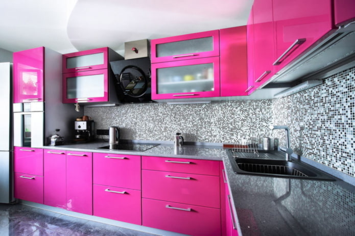 kitchen interior in gray and pink tones