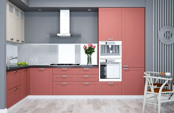 kitchen interior in gray and pink tones