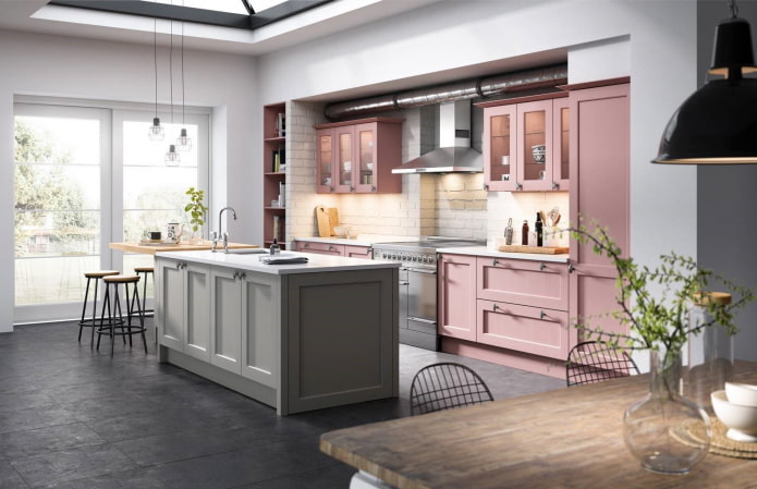 pink furniture set with a gray island