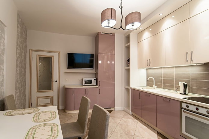 kitchen interior in beige and pink tones
