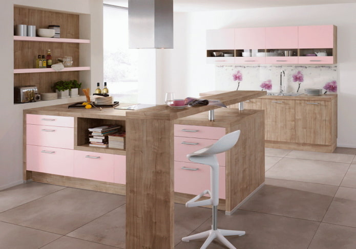 kitchen interior in beige and pink tones