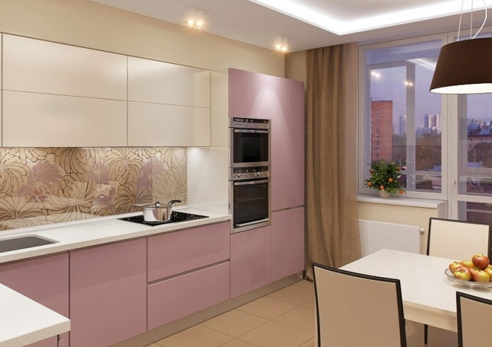 kitchen interior in beige and pink tones