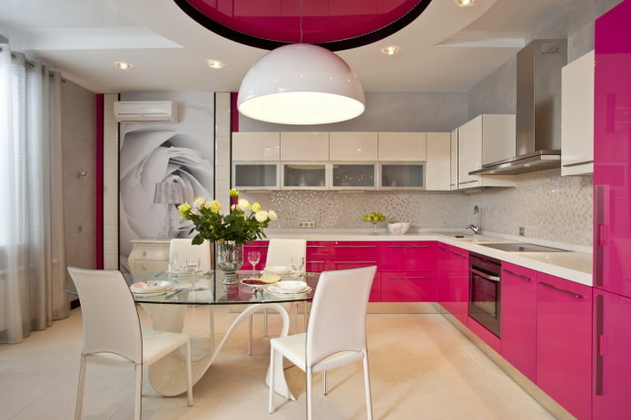 kitchen interior in white and pink tones